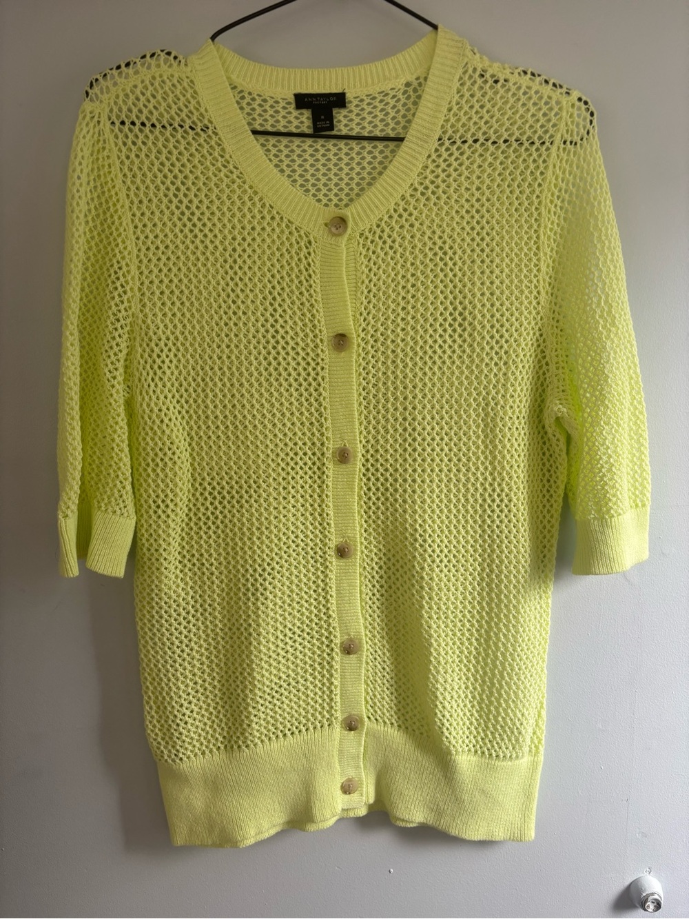 Ann Taylor Factory neon Yellow Open-Knit Button Cardigan